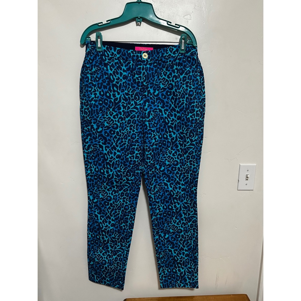 Lilly Pulitzer Kelly Ankle Pants Blue Leopard Animal Print Size 10 Slim Straight